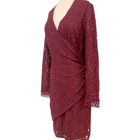 Laundry by Shelli Segal Ruched Lace Burgundy Long Sleeve Knee Length Size 12 - Picture 5 of 14